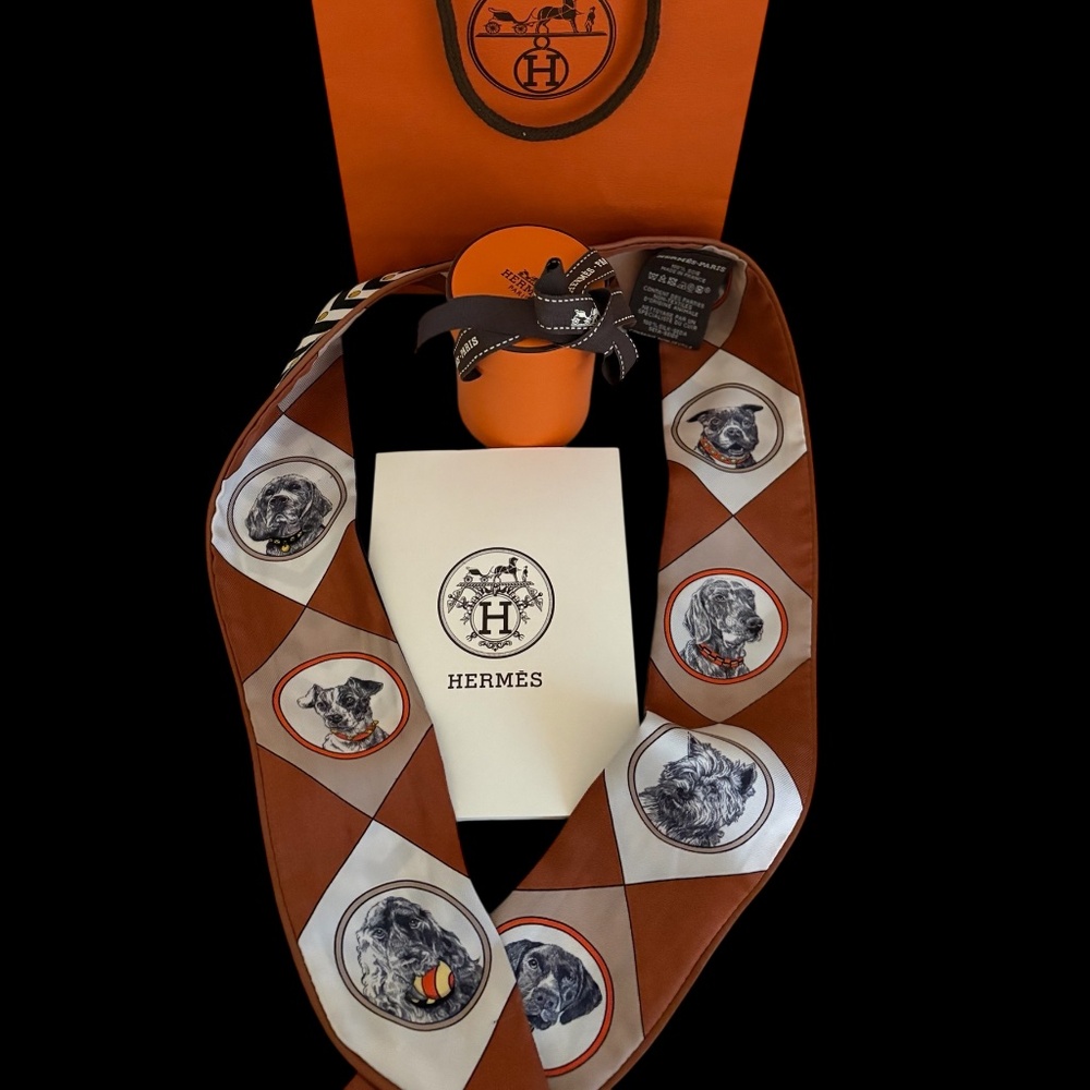 Hermes Colliers Et Chiens Forever Silk Dog Twilly Scarf Black Silk Hermes Box